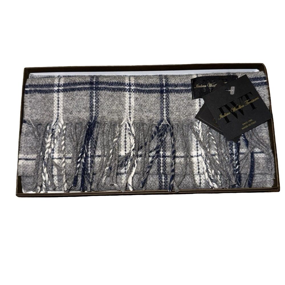 NWT Linea Emmeti MT Cashmere+Wool Gray Plaid Stripe w/Fringe Made Italy Gift Box